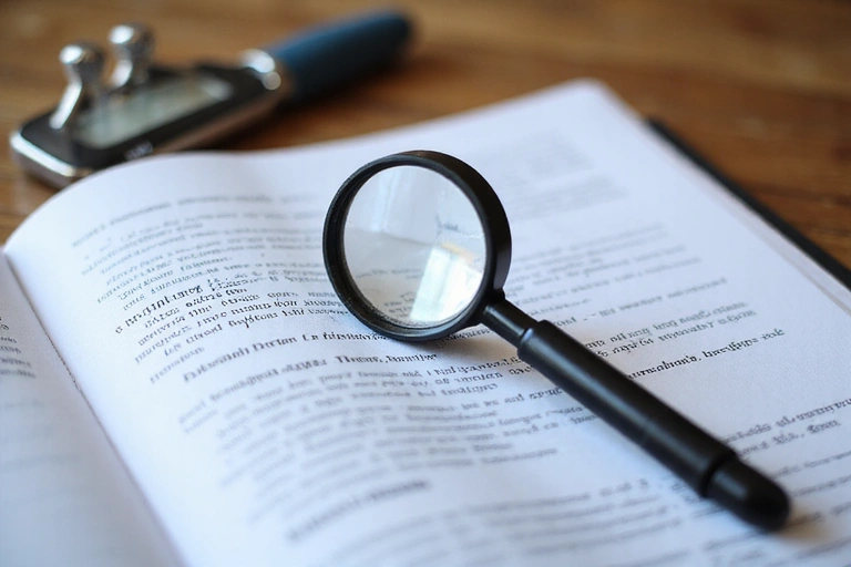 Magnifying glass examining a document, representing attention to detail and accuracy.